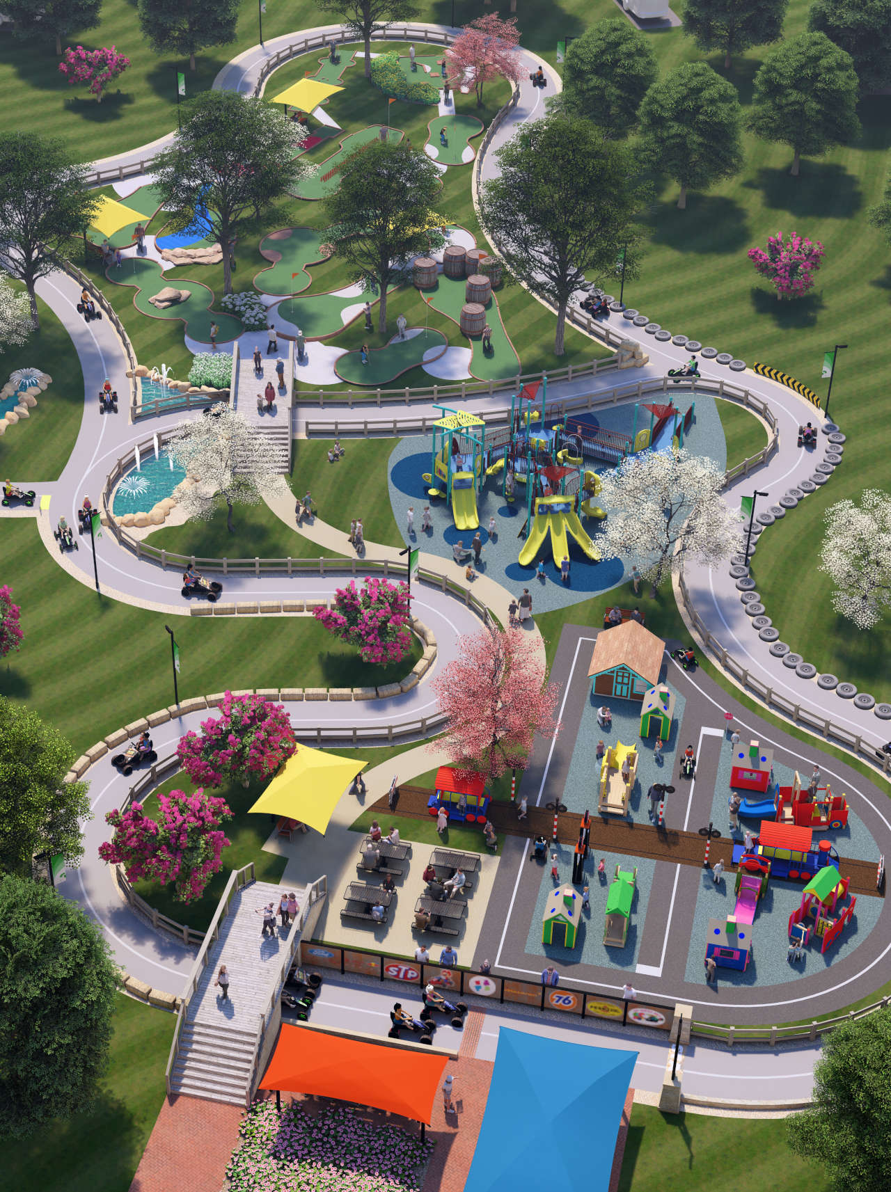 Computer generated rendering of pedal kart course.