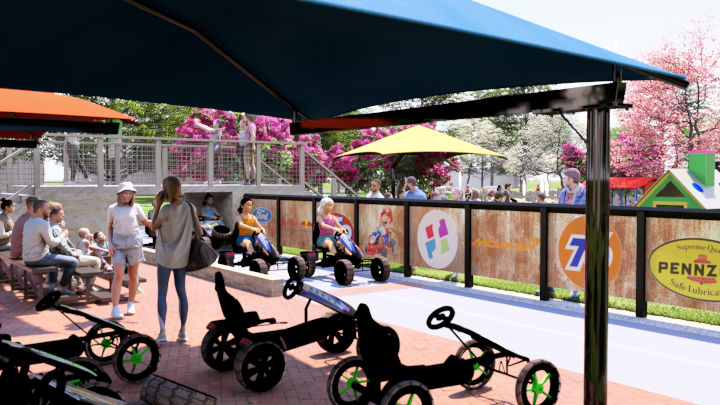 Computer generated rendering of pedal kart course section.