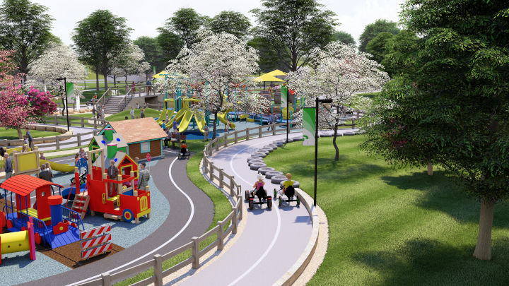 Computer generated rendering of pedal kart course section.