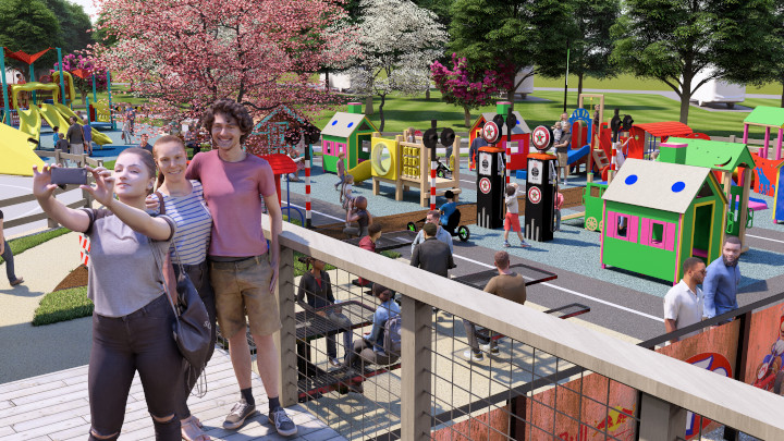 Computer generated rendering of pedal kart course section.