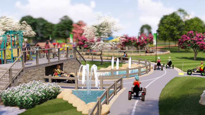 Computer generated rendering of pedal kart course section.