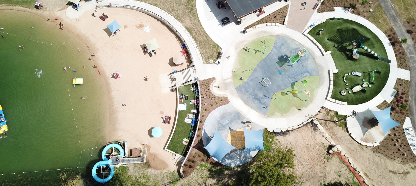 Birds eye view of beach with recreational area