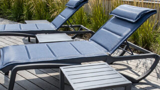 Sunset Comfort Chaise Lounge – Madras Blue and Volcanic Black – gallery